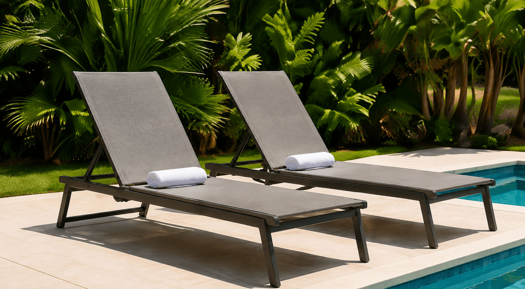 Outdoor mesh sun loungers beside a pool
