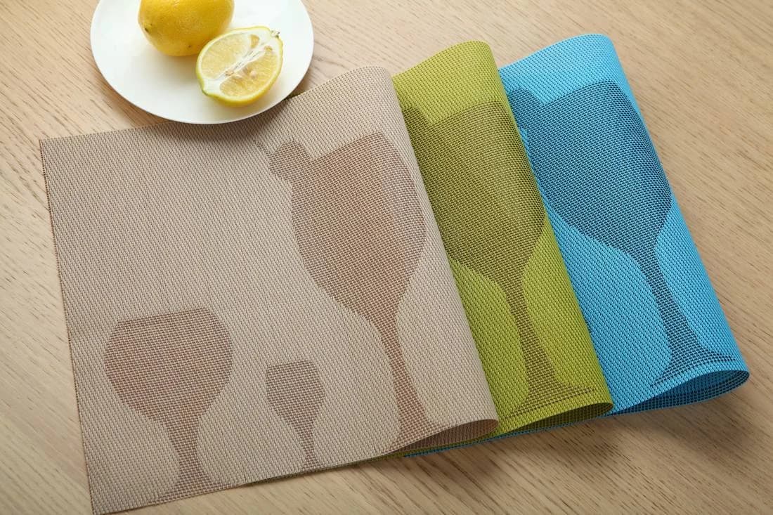 Taupe, olive and blue abstract pebble motifs Abstract Pebble Placemat Collection, model AOL-PM-014