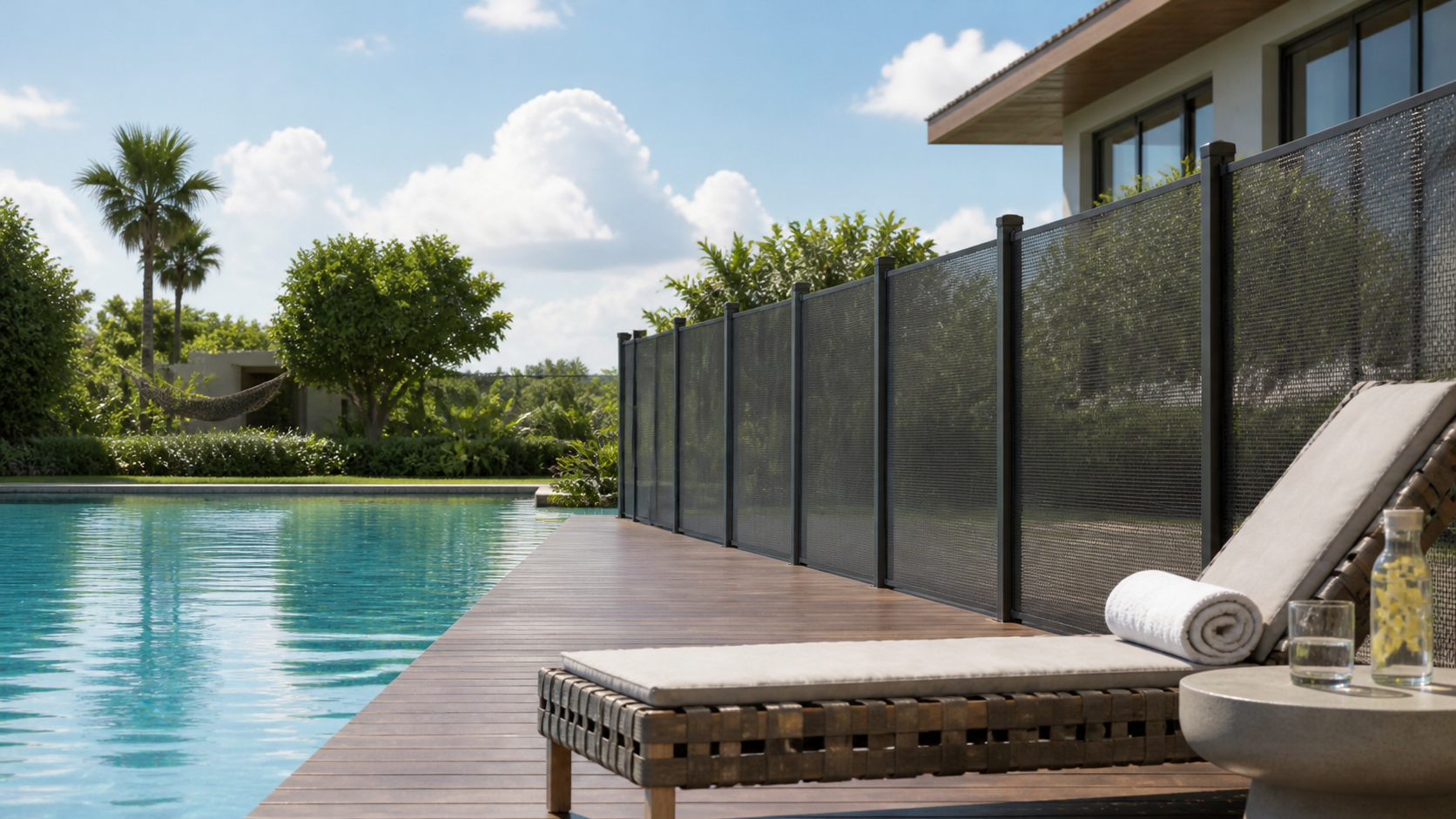 Poolside lounge beside a woven mesh safety fence in an outdoor setting