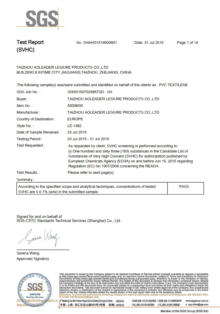 Cover page of SGS test report SHAHG1514600601 for PVC Textilene · LE-1382