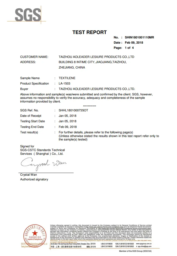 Cover page of SGS test report SHIN1801001110MR for Textilene · LA-1503